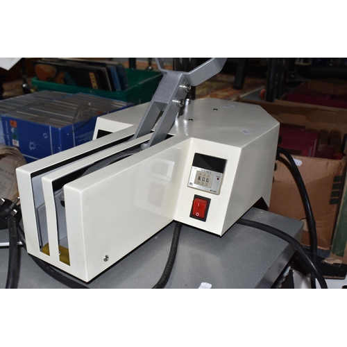 508 - A HEAT TRANSFER PRESS AND A BOX OF SUPPLIES comprising a heat transfer press unit (untested) and a b... 