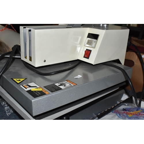 508 - A HEAT TRANSFER PRESS AND A BOX OF SUPPLIES comprising a heat transfer press unit (untested) and a b... 