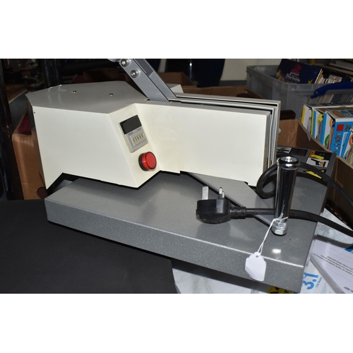 508 - A HEAT TRANSFER PRESS AND A BOX OF SUPPLIES comprising a heat transfer press unit (untested) and a b... 