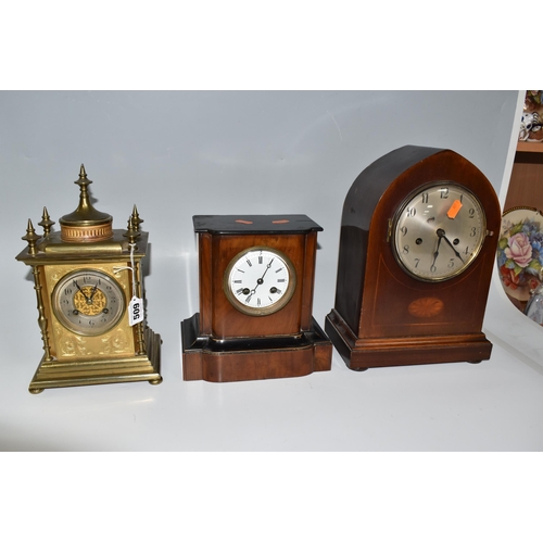 509 - THREE MANTEL CLOCKS, comprising a gilt cased mantel clock of architectural form, the case with folia... 