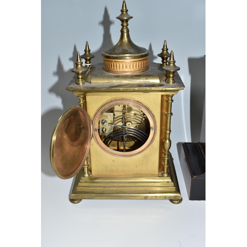 509 - THREE MANTEL CLOCKS, comprising a gilt cased mantel clock of architectural form, the case with folia... 