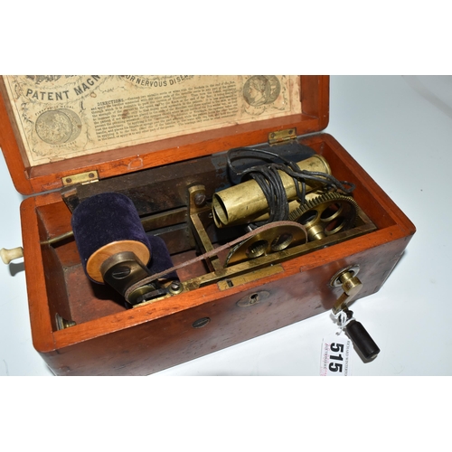 515 - A VICTORIAN 'IMPROVED PATENT MAGNETO ELECTRIC MACHINE FOR NERVOUS DISEASES', in mahogany case with i... 