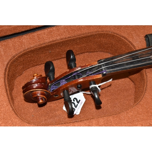 522 - A CASED VIOLIN AND BOW, an unmarked two piece backed violin with one fine tuner installed (1) (Condi... 