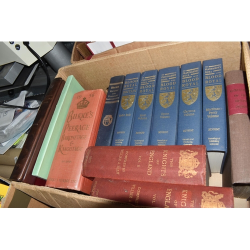 524 - THREE BOXES OF GENEALOGY BOOKS to include Debrett's Peerage, Baronetage volumes 1959 and 1916, A His... 