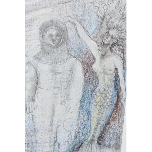 539 - MICK ROONEY (BRITISH 1944) Mermaid and Diver, pencil and crayon, initialled lower left, bears Fosse ... 