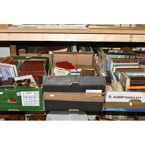 547 - FIVE BOXES OF BOOKS to include sixteen early twentieth century volumes of Rudyard Kipling's works, t... 