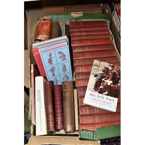 547 - FIVE BOXES OF BOOKS to include sixteen early twentieth century volumes of Rudyard Kipling's works, t... 