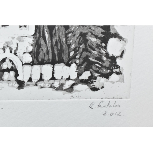 551 - TWO ETCHINGS AND A DRAWING, comprising an etching of a male figure sat at a work bench, indistinctly... 