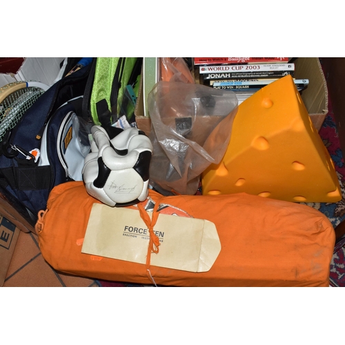 554 - A BOX AND LOOSE SPORTS RELATED MEMORABILIA AND BOOKS ETC, to include World Cup souvenir programme wi... 