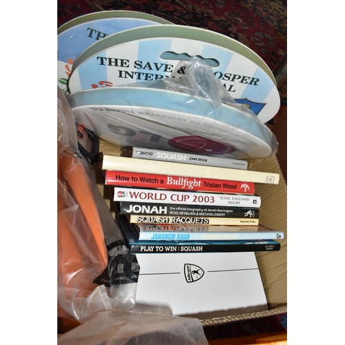 554 - A BOX AND LOOSE SPORTS RELATED MEMORABILIA AND BOOKS ETC, to include World Cup souvenir programme wi... 