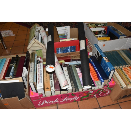 558 - FIVE BOXES AND LOOSE BOOKS to inlcude a group of orange spine Penguin Graham Greene novels, a box of... 