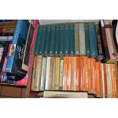 558 - FIVE BOXES AND LOOSE BOOKS to inlcude a group of orange spine Penguin Graham Greene novels, a box of... 