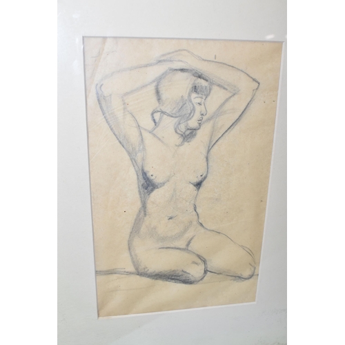 567 - JOSEF KALOUS (1887-1974) A NUDE FEMALE FIGURE STUDY, she is in repose with one arm raises, initialle... 