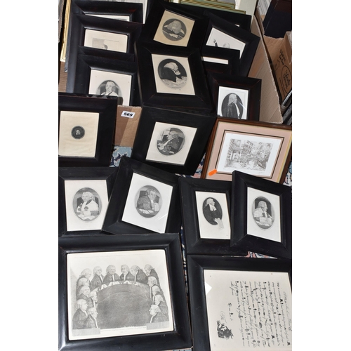 569 - TWO BOXES OF MOSTLY MONOCHROME FRAMED AND UNFRAMED PRINTS, including 19th century caricatures after ... 