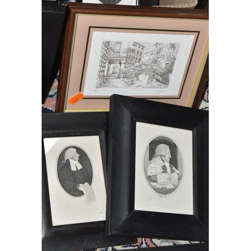 569 - TWO BOXES OF MOSTLY MONOCHROME FRAMED AND UNFRAMED PRINTS, including 19th century caricatures after ... 