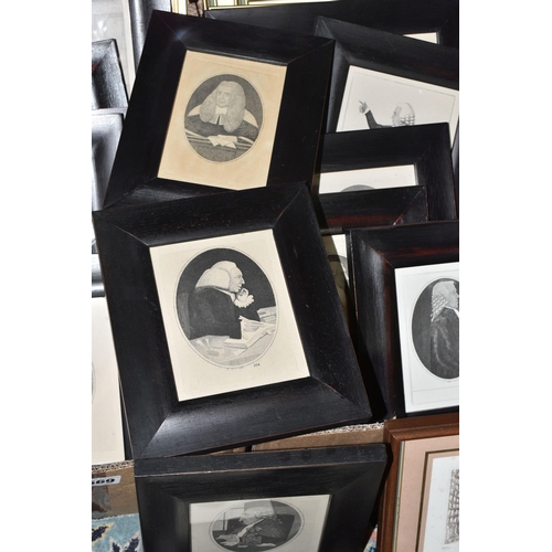 569 - TWO BOXES OF MOSTLY MONOCHROME FRAMED AND UNFRAMED PRINTS, including 19th century caricatures after ... 