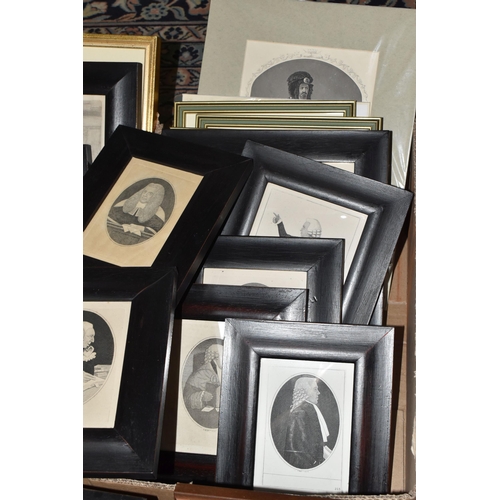 569 - TWO BOXES OF MOSTLY MONOCHROME FRAMED AND UNFRAMED PRINTS, including 19th century caricatures after ... 