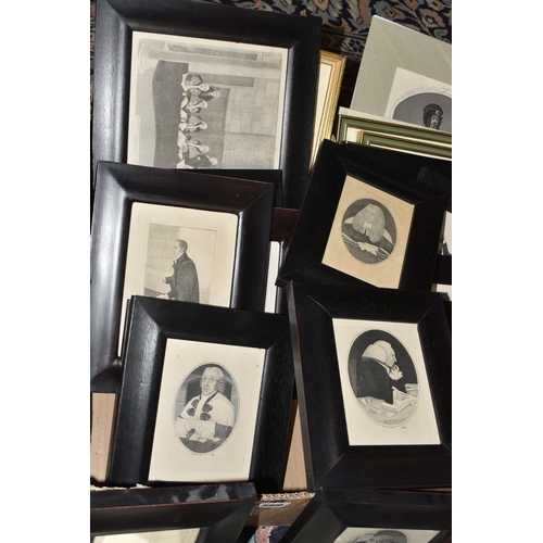 569 - TWO BOXES OF MOSTLY MONOCHROME FRAMED AND UNFRAMED PRINTS, including 19th century caricatures after ... 