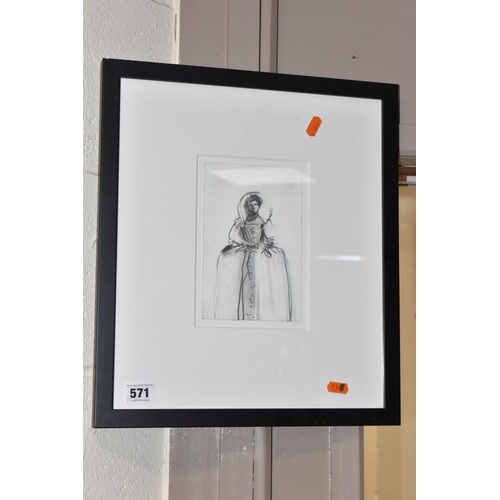 571 - ATTRIBUTED TO LISA WRIGHT (1965) 'QUEEN' -  A PENCIL SKETCH, a depiction of a female figure in costu... 