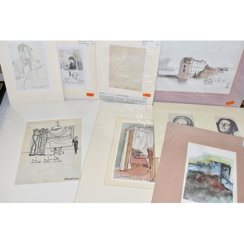 585 - SEVEN 19TH / 20TH CENTURY DRAWINGS AND WATERCOLOURS, comprising a watercolour of figures inside Chat... 