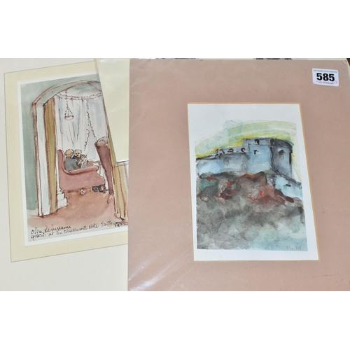 585 - SEVEN 19TH / 20TH CENTURY DRAWINGS AND WATERCOLOURS, comprising a watercolour of figures inside Chat... 