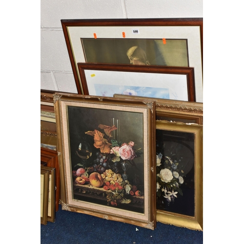 598 - A SELECTION OF PAINTINGS AND PRINTS ETC, to include three 20th century still life studies of flowers... 