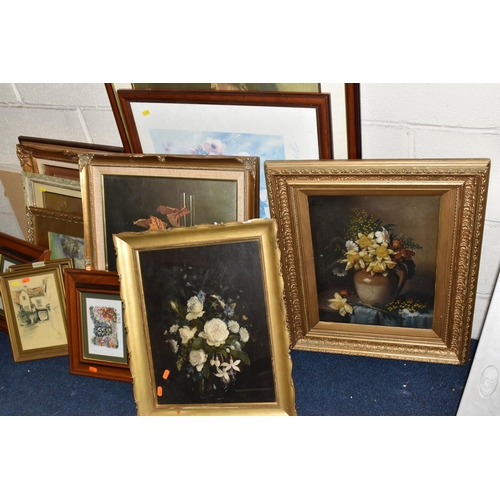 598 - A SELECTION OF PAINTINGS AND PRINTS ETC, to include three 20th century still life studies of flowers... 