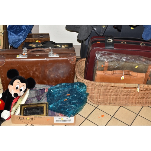 602 - A BOX AND LOOSE CLOTHING, LUGGAGE AND SUNDRY ITEMS, to include two vintage ladies' dresses, one prin... 