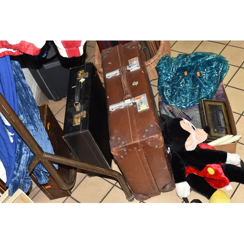 602 - A BOX AND LOOSE CLOTHING, LUGGAGE AND SUNDRY ITEMS, to include two vintage ladies' dresses, one prin... 