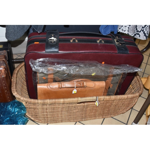 602 - A BOX AND LOOSE CLOTHING, LUGGAGE AND SUNDRY ITEMS, to include two vintage ladies' dresses, one prin... 