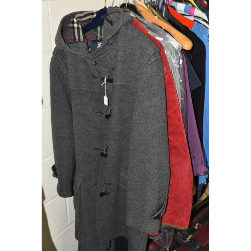 603 - A LARGE QUANTITY OF LADIES' CLOTHING, comprising a grey Burberry duffle coat, a red corduroy Burberr... 