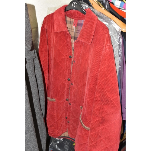 603 - A LARGE QUANTITY OF LADIES' CLOTHING, comprising a grey Burberry duffle coat, a red corduroy Burberr... 