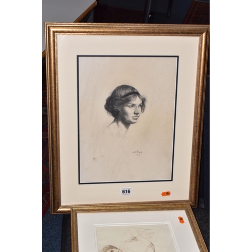 616 - TWO EARLY 20TH CENTURY PORTRAIT DRAWINGS, the first is a head study of a female figure, indistinctly... 