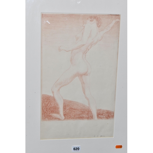 620 - A PRINT OF A STANDING NUDE FEMALE FIGURE, bears a signature A. O. Spare bottom right, approximate si... 