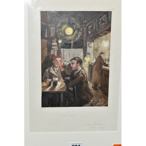 624 - COLETTE A. FONTAINE (20TH CENTURY) 'IN THE CITY', figures drinking inside a public house, signed and... 