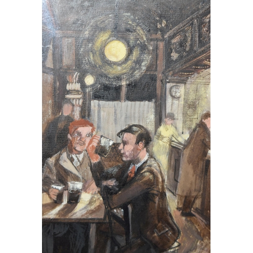 624 - COLETTE A. FONTAINE (20TH CENTURY) 'IN THE CITY', figures drinking inside a public house, signed and... 