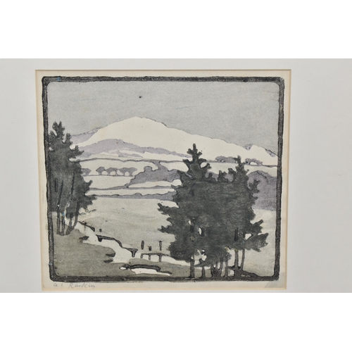 632 - ARABELLA LOUISA RANKIN (1871-1943) Mountainous landscape, woodcut, signed in pencil lower left, 18.5... 