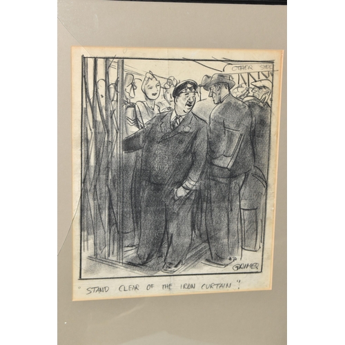 634 - LESLIE GRIMES (BRITISH 1897-1983) 'Stand Clear of the Iron Curtain', an original cartoon, charcoal o... 