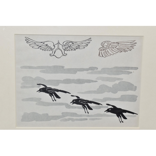 644 - PICKFORD WALLER (1873-1927) Three Ravens, pen and ink with designs for furniture verso, bears Chris ... 