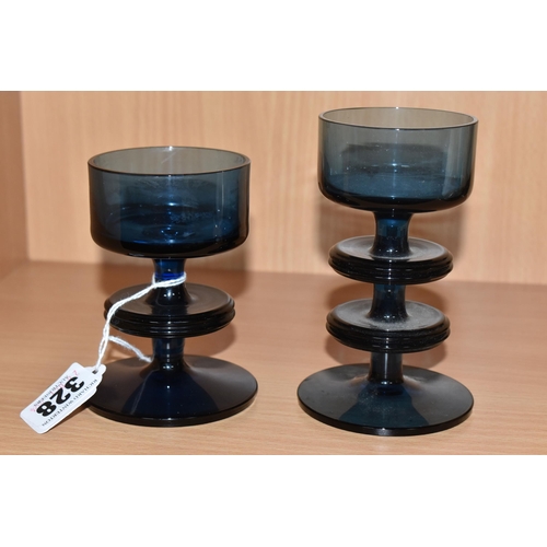 328 - TWO MID CENTURY WEDGWOOD NAVY GLASS CANDLESTICKS, comprising two blue glass Sheringham candlestick h... 