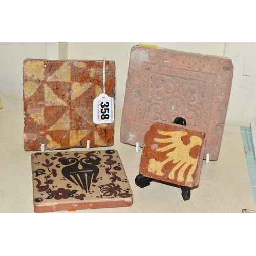 358 - THREE MEDIEVAL TILES AND A REPRODUCTION MEDIEVAL SOCARRAT TILE comprising a partially glazed geometr... 