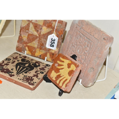 358 - THREE MEDIEVAL TILES AND A REPRODUCTION MEDIEVAL SOCARRAT TILE comprising a partially glazed geometr... 