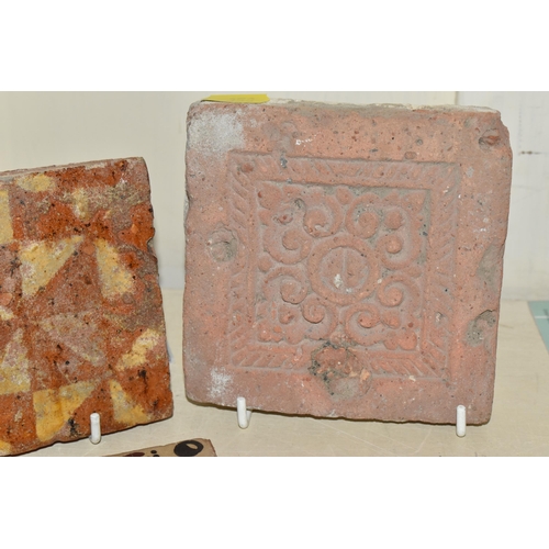 358 - THREE MEDIEVAL TILES AND A REPRODUCTION MEDIEVAL SOCARRAT TILE comprising a partially glazed geometr... 