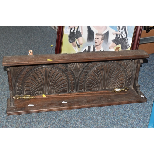 412 - A SMALL GROUP OF SUNDRY ITEMS comprising a  carved wooden shelf with decorative designs, a framed Al... 