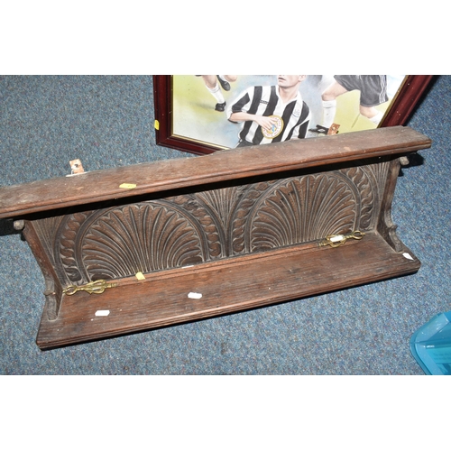 412 - A SMALL GROUP OF SUNDRY ITEMS comprising a  carved wooden shelf with decorative designs, a framed Al... 