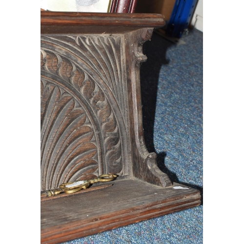 412 - A SMALL GROUP OF SUNDRY ITEMS comprising a  carved wooden shelf with decorative designs, a framed Al... 