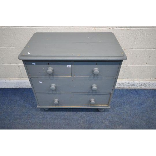 1200 - A GREY PAINTED PINE CHEST OF TWO SHORT OVER TWO LONG DRAWERS, raised on turned legs, width 84cm x de... 