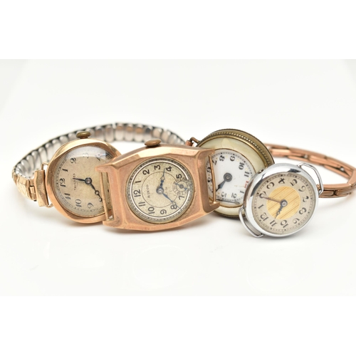 127 - FOUR EARLY 20TH CENTURY WATCHES/WATCH HEADS, to include two 9ct gold watch heads, one with an expand... 