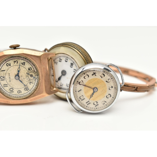 127 - FOUR EARLY 20TH CENTURY WATCHES/WATCH HEADS, to include two 9ct gold watch heads, one with an expand... 