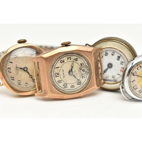 127 - FOUR EARLY 20TH CENTURY WATCHES/WATCH HEADS, to include two 9ct gold watch heads, one with an expand... 